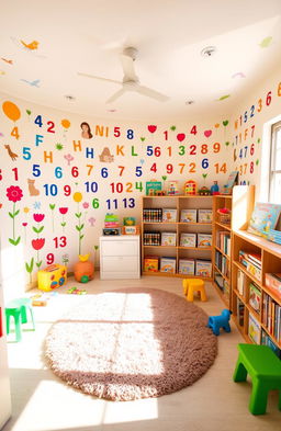 A vibrant and colorful nursery decorated with various Hindi alphabets and numbers, designed for young children