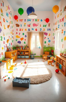 A vibrant and colorful nursery decorated with various Hindi alphabets and numbers, designed for young children