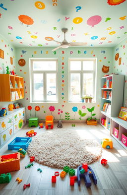 A vibrant and colorful nursery decorated with various Hindi alphabets and numbers, designed for young children