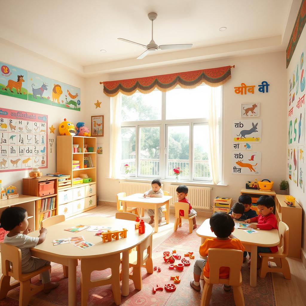 A lively and colorful Hindi nursery classroom filled with vibrant educational posters, children's artwork, and traditional Indian motifs