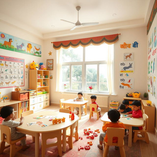 A lively and colorful Hindi nursery classroom filled with vibrant educational posters, children's artwork, and traditional Indian motifs