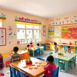 A lively and colorful Hindi nursery classroom filled with vibrant educational posters, children's artwork, and traditional Indian motifs