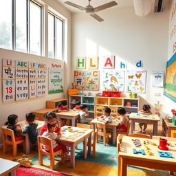 A lively and colorful Hindi nursery classroom filled with vibrant educational posters, children's artwork, and traditional Indian motifs