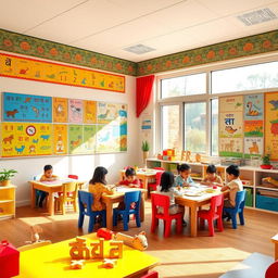 A lively and colorful Hindi nursery classroom filled with vibrant educational posters, children's artwork, and traditional Indian motifs