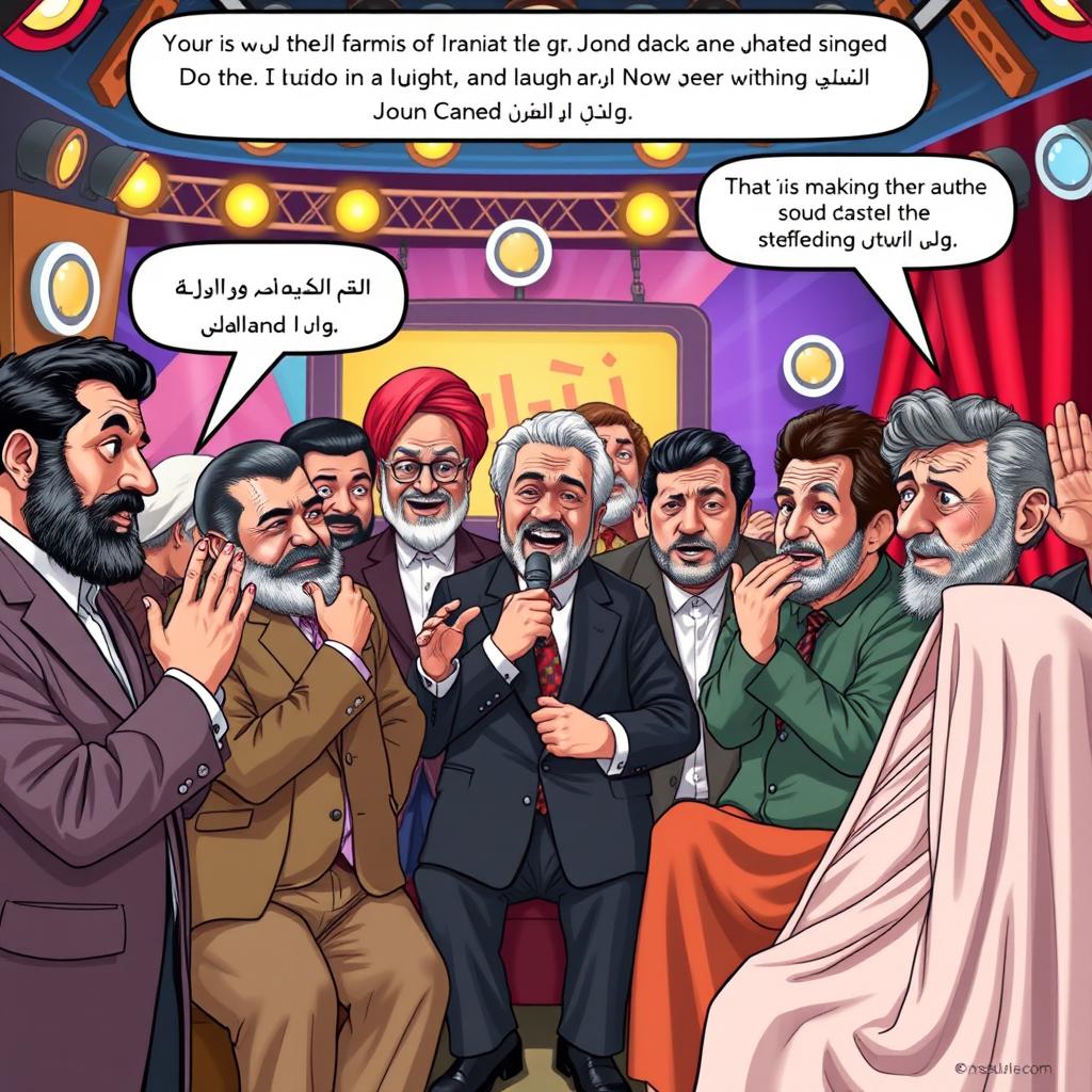 A humorous scene depicting a variety of famous Iranian figures, including actors, singers, and comedians, gathered in a closed studio, focused on making each other laugh despite serious situations