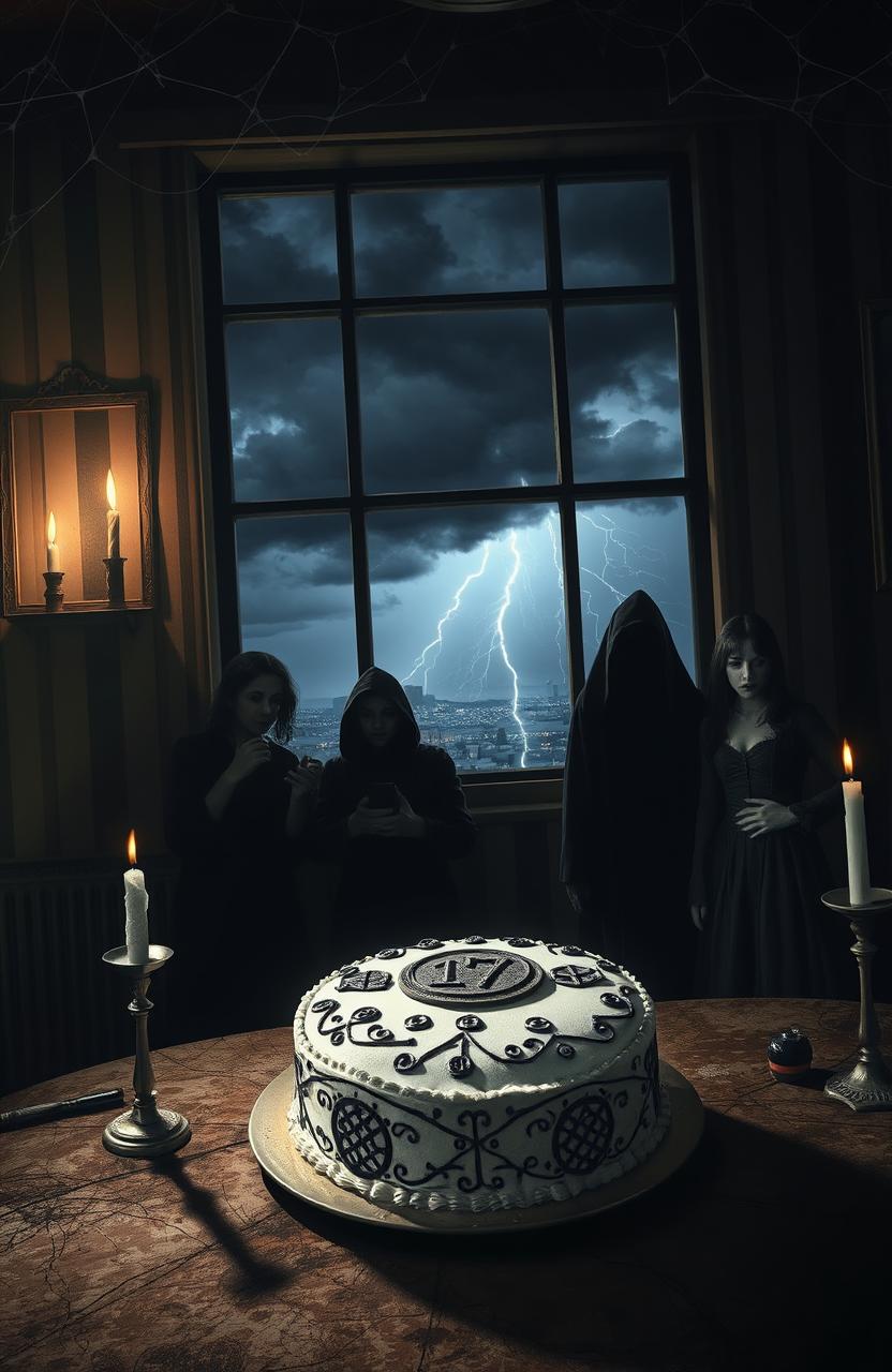 A dark and haunting scene depicting the tense atmosphere of an eerie 17th birthday celebration
