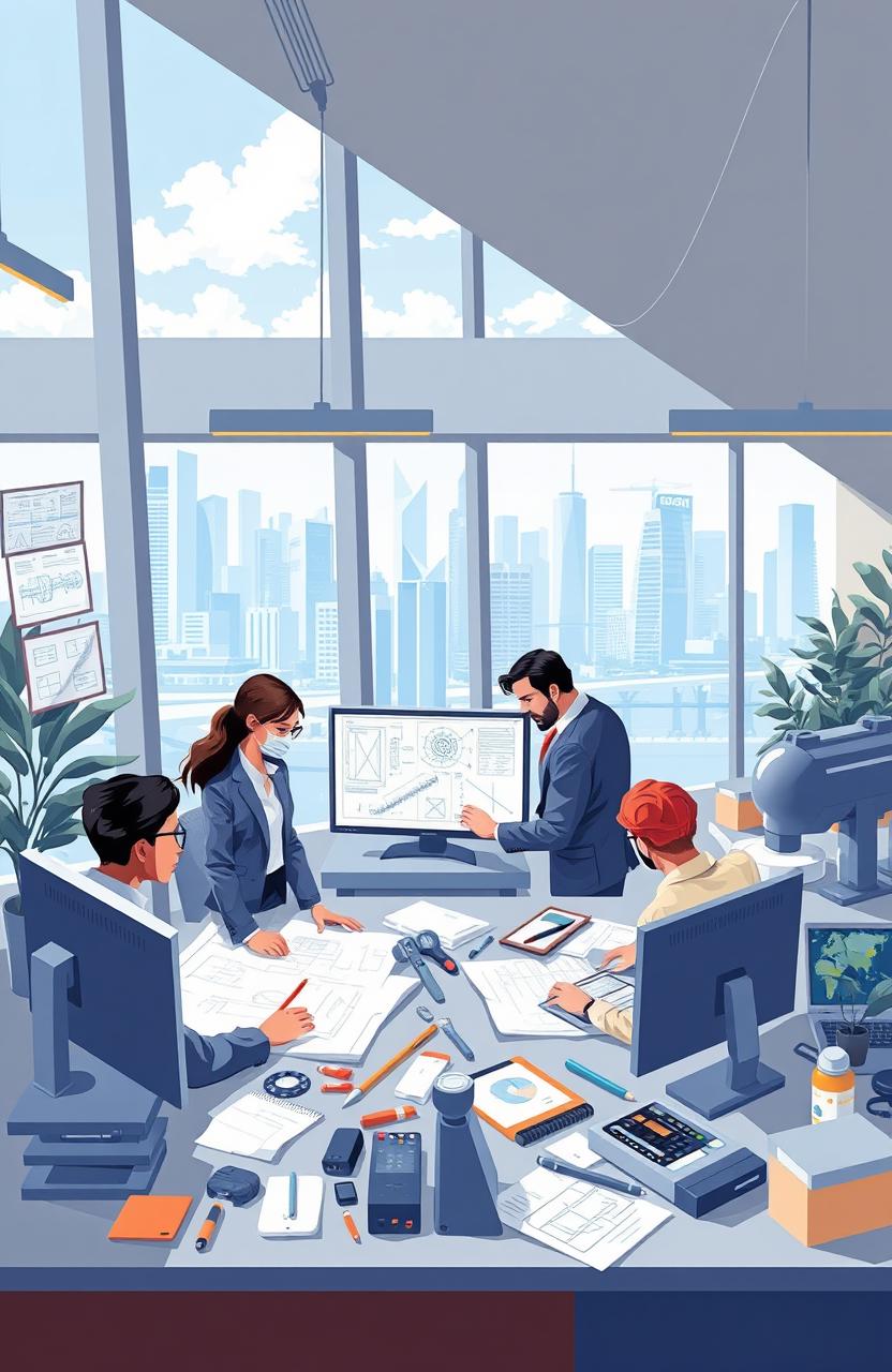 A professional and creative 2D illustration depicting the field of engineering