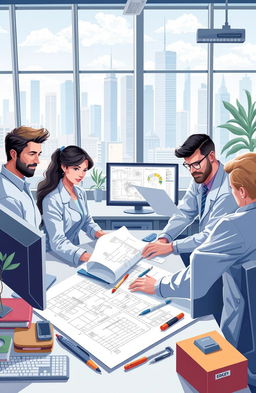 A professional and creative 2D illustration depicting the field of engineering