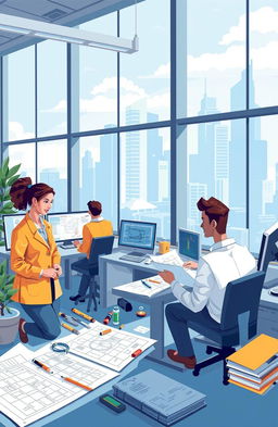 A professional and creative 2D illustration depicting the field of engineering
