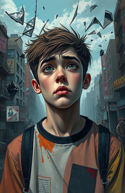 A depiction of a young adult feeling disillusioned and surprised by the harsh realities of life at 17, surrounded by a chaotic environment that reflects their inner turmoil