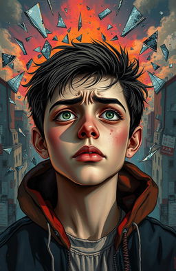 A depiction of a young adult feeling disillusioned and surprised by the harsh realities of life at 17, surrounded by a chaotic environment that reflects their inner turmoil