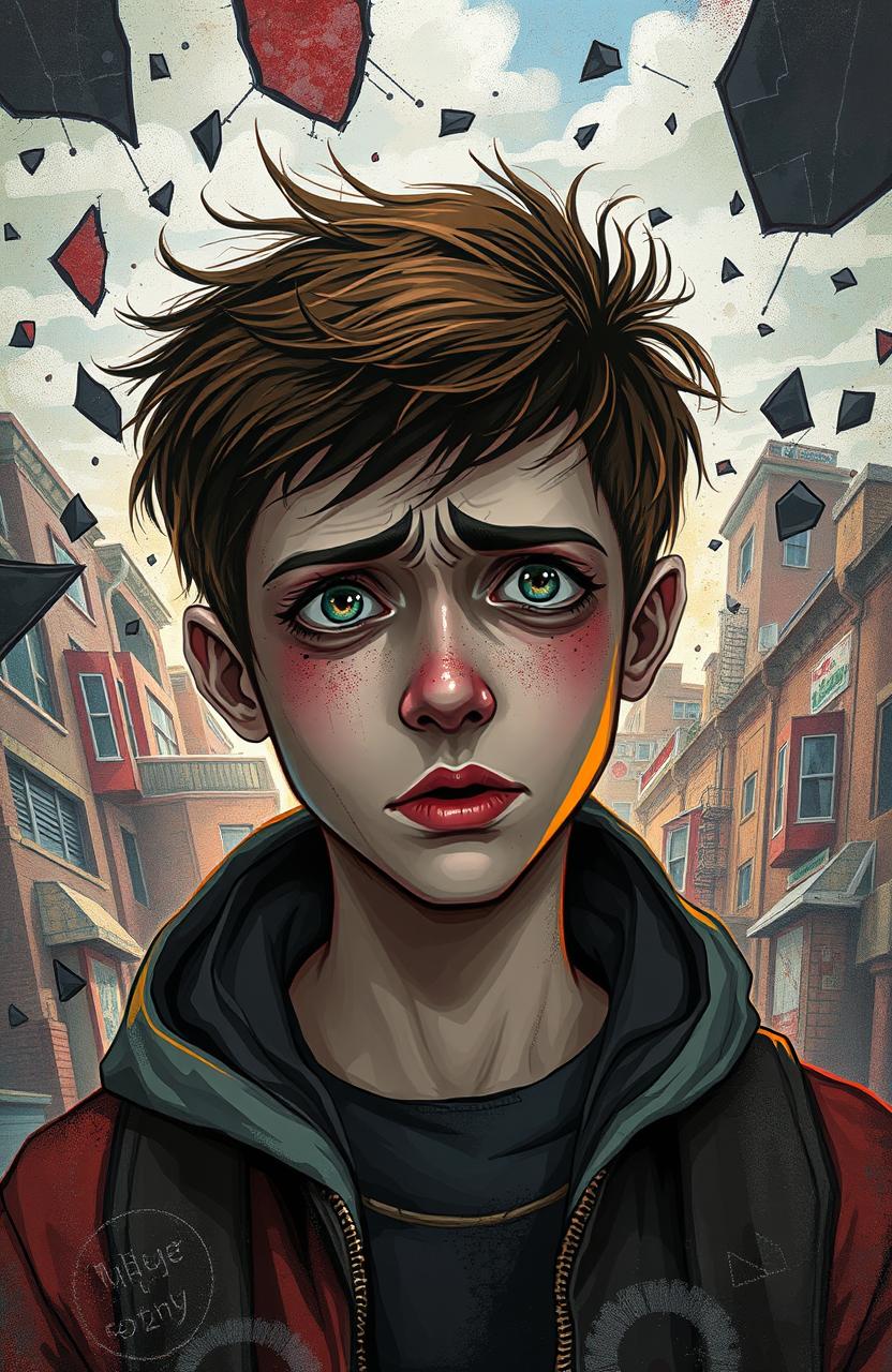 A depiction of a young adult feeling disillusioned and surprised by the harsh realities of life at 17, surrounded by a chaotic environment that reflects their inner turmoil
