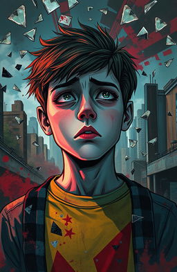 A depiction of a young adult feeling disillusioned and surprised by the harsh realities of life at 17, surrounded by a chaotic environment that reflects their inner turmoil