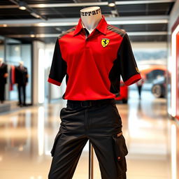 A sleek, elegant Ferrari uniform featuring the iconic red and black color scheme, complemented by the Ferrari logo on the chest