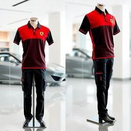 A sleek, elegant Ferrari uniform featuring the iconic red and black color scheme, complemented by the Ferrari logo on the chest