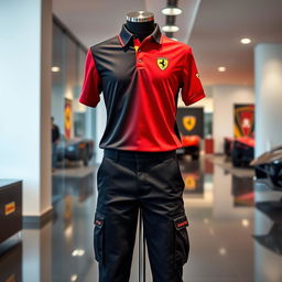 A sleek, elegant Ferrari uniform featuring the iconic red and black color scheme, complemented by the Ferrari logo on the chest