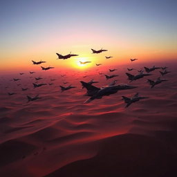 Hundreds of sturdy black fighter jets flying over a vast desert landscape, during a breathtaking sunrise