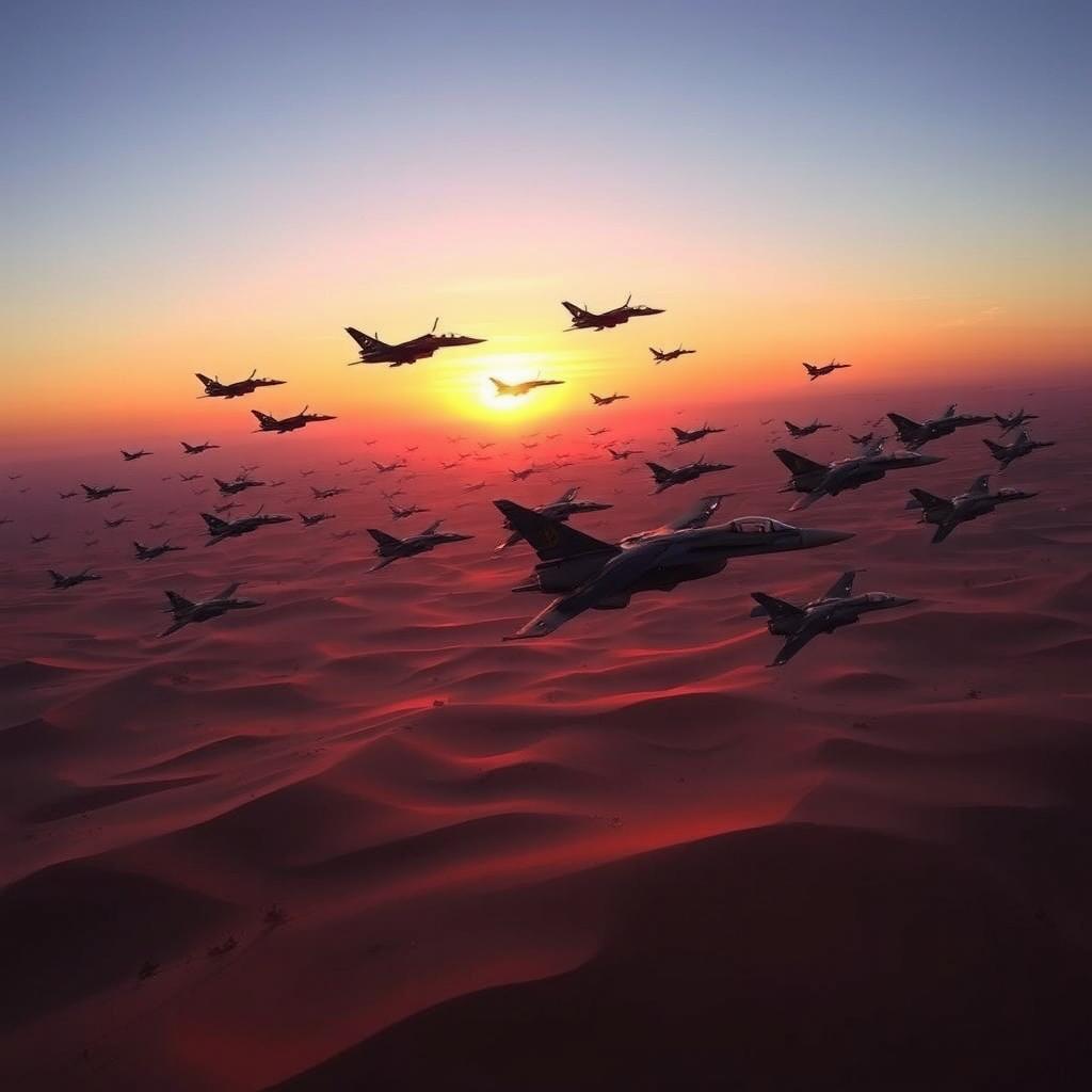 Hundreds of sturdy black fighter jets flying over a vast desert landscape, during a breathtaking sunrise