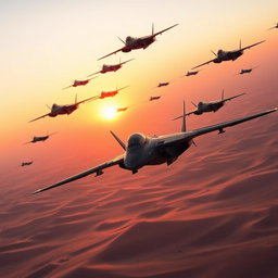 Hundreds of sturdy black fighter jets flying over a vast desert landscape, during a breathtaking sunrise