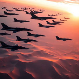Hundreds of sturdy black fighter jets flying over a vast desert landscape, during a breathtaking sunrise