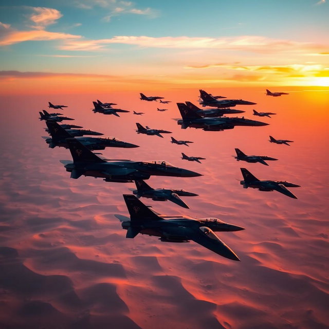 Hundreds of sturdy black fighter jets flying over a vast desert landscape, during a breathtaking sunrise