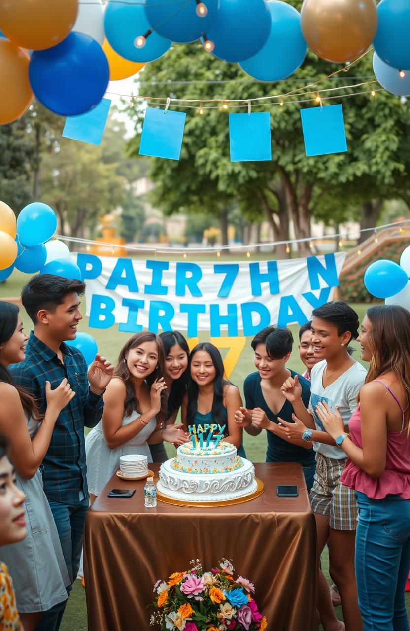 A vibrant scene depicting a joyful celebration of a 17th birthday party