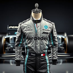 A stylish Mercedes-Benz Formula One uniform, featuring the classic black and silver colors of the team