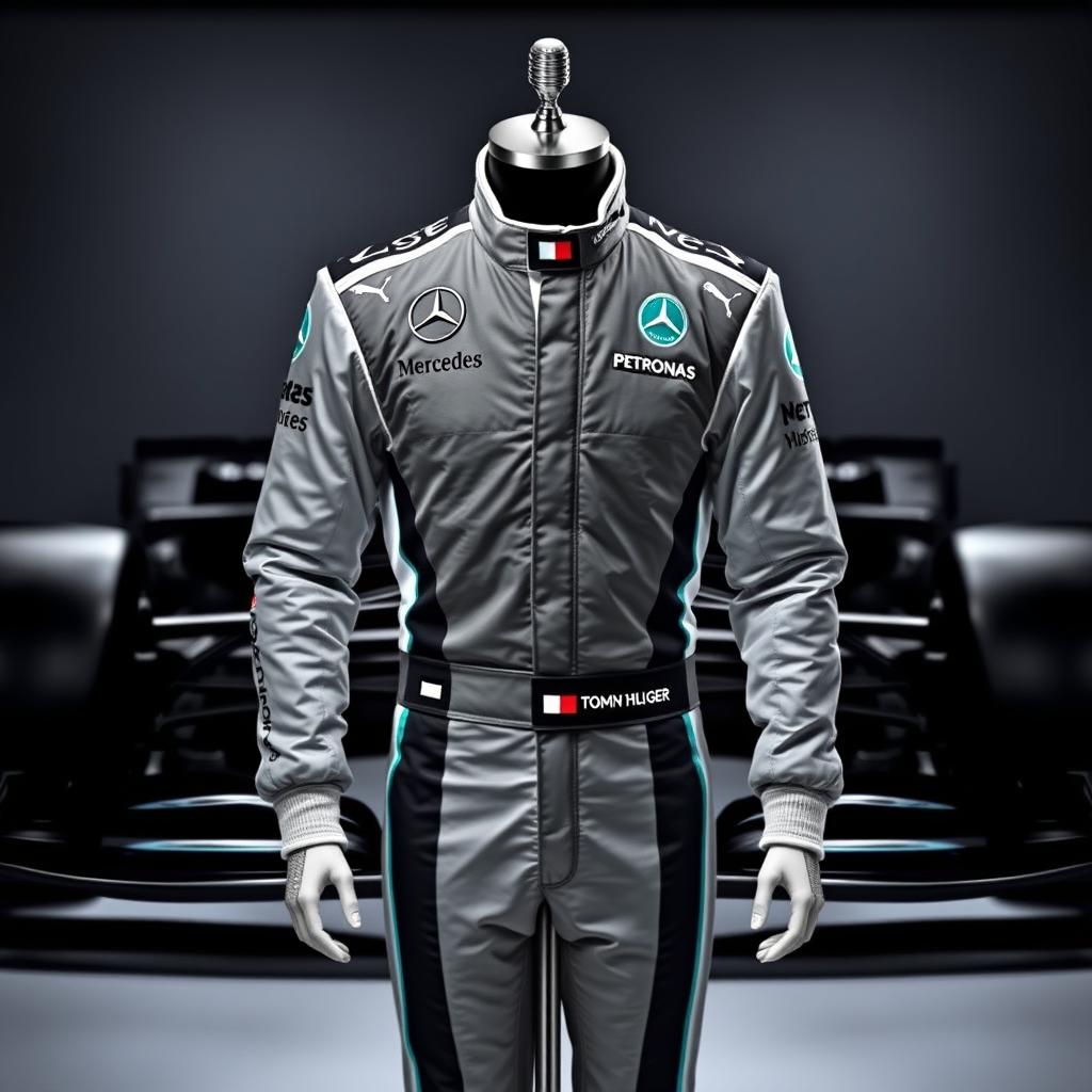 A stylish Mercedes-Benz Formula One uniform, featuring the classic black and silver colors of the team