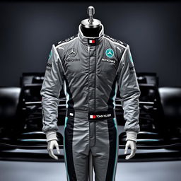 A stylish Mercedes-Benz Formula One uniform, featuring the classic black and silver colors of the team