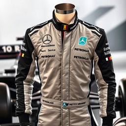 A stylish Mercedes-Benz Formula One uniform, featuring the classic black and silver colors of the team