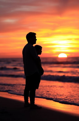A serene sunset on the beach, showcasing the silhouettes of a man and a boy standing together, side by side