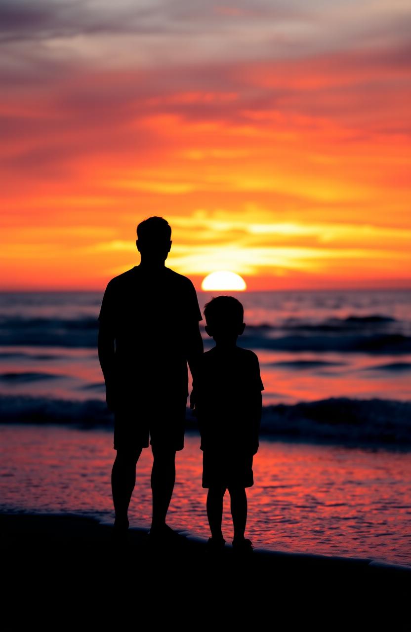 A serene sunset on the beach, showcasing the silhouettes of a man and a boy standing together, side by side