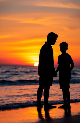 A serene sunset on the beach, showcasing the silhouettes of a man and a boy standing together, side by side