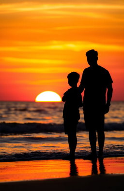 A serene sunset on the beach, showcasing the silhouettes of a man and a boy standing together, side by side