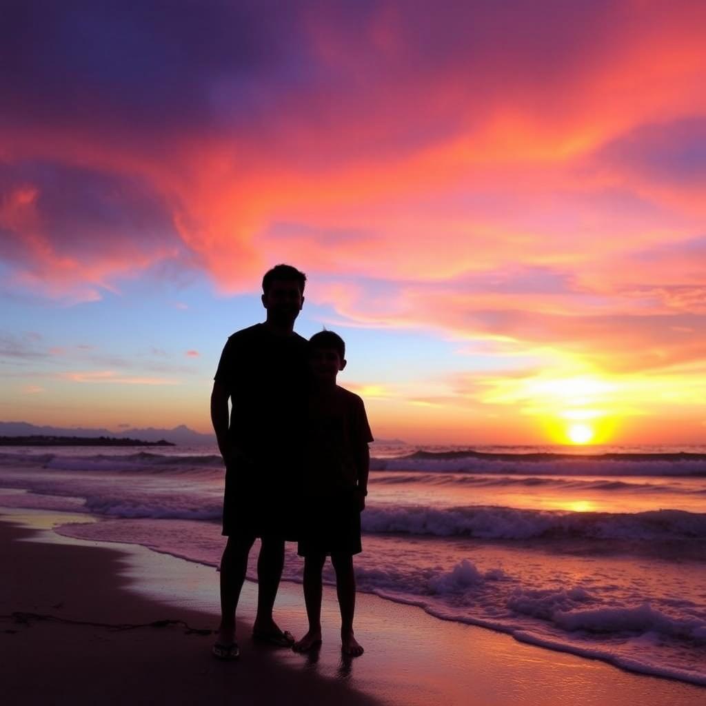 A beautiful beach at sunset, featuring the silhouettes of a man and a boy standing close together on the shore