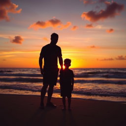 A beautiful beach at sunset, featuring the silhouettes of a man and a boy standing close together on the shore