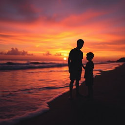 A beautiful beach at sunset, featuring the silhouettes of a man and a boy standing close together on the shore