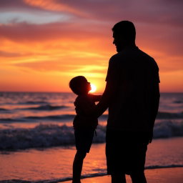 A beautiful beach at sunset, featuring the silhouettes of a man and a boy standing close together on the shore