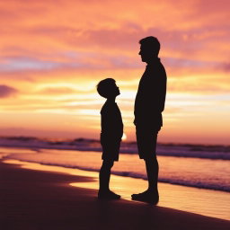 A tranquil beach at sunset, depicting the silhouettes of a man and a boy standing apart from each other