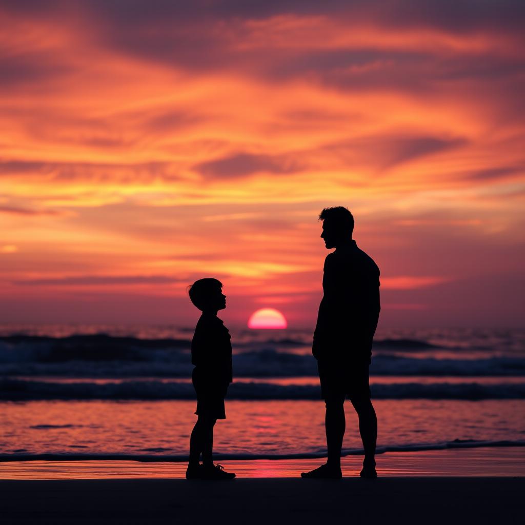 A tranquil beach at sunset, depicting the silhouettes of a man and a boy standing apart from each other