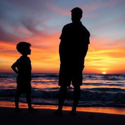 A tranquil beach at sunset, depicting the silhouettes of a man and a boy standing apart from each other
