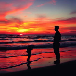 A tranquil beach at sunset, depicting the silhouettes of a man and a boy standing apart from each other