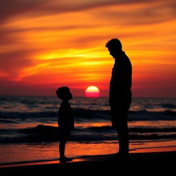 A tranquil beach at sunset, featuring the silhouettes of a man and a boy standing a little apart from each other