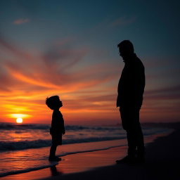 A tranquil beach at sunset, featuring the silhouettes of a man and a boy standing a little apart from each other