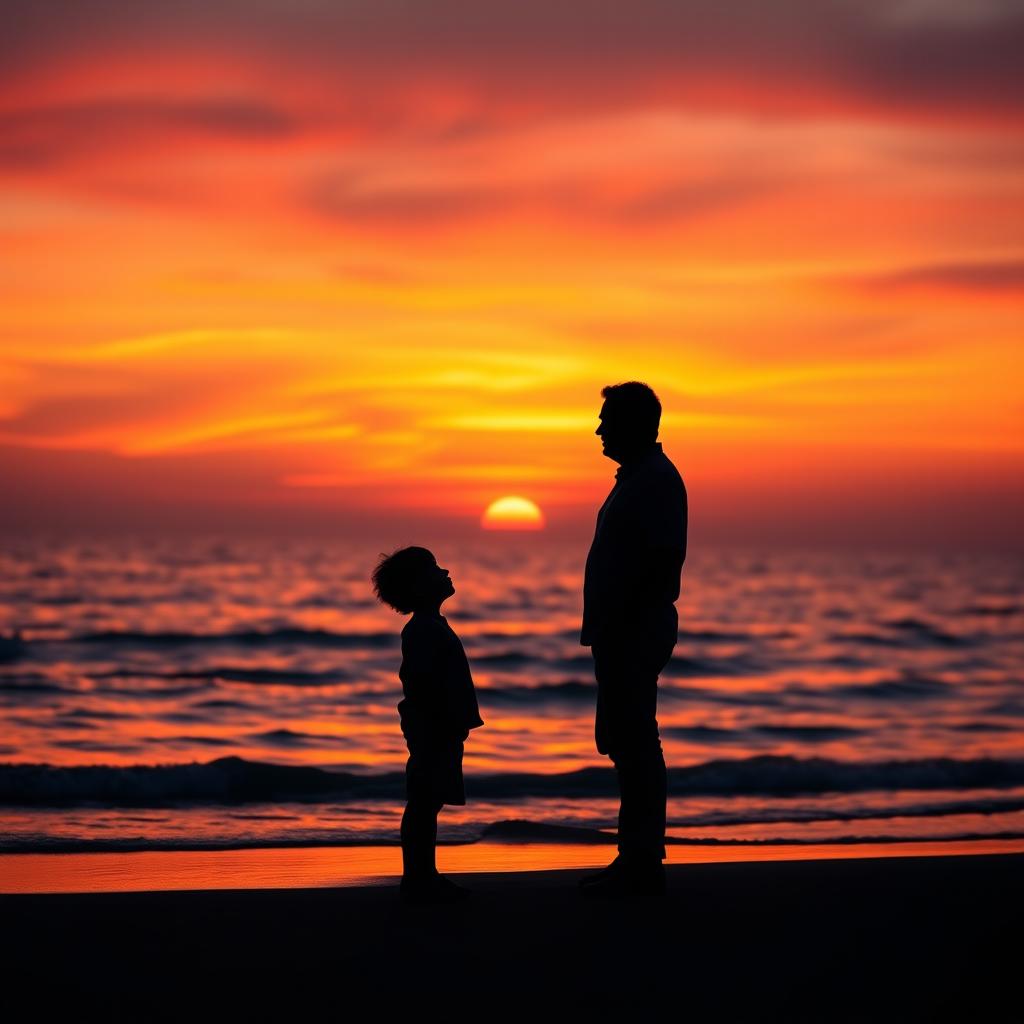 A tranquil beach at sunset, featuring the silhouettes of a man and a boy standing a little apart from each other
