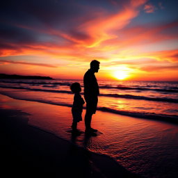 A tranquil beach at sunset, featuring the silhouettes of a man and a boy standing a little apart from each other