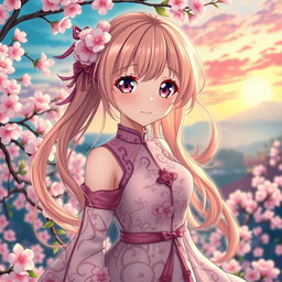 A stunning, beautiful anime character with large, expressive eyes and flowing hair, wearing an elegant, intricately detailed outfit adorned with floral patterns