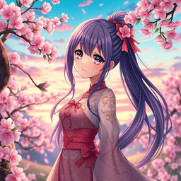 A stunning, beautiful anime character with large, expressive eyes and flowing hair, wearing an elegant, intricately detailed outfit adorned with floral patterns