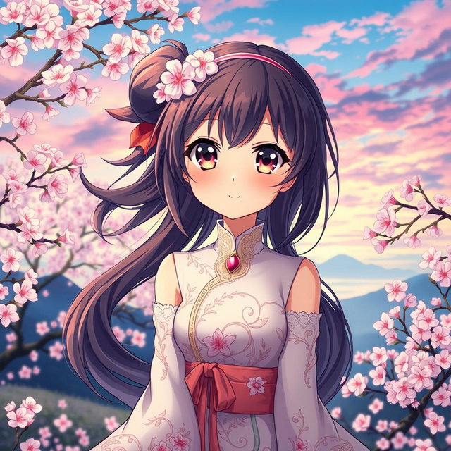 A stunning, beautiful anime character with large, expressive eyes and flowing hair, wearing an elegant, intricately detailed outfit adorned with floral patterns