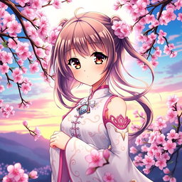 A stunning, beautiful anime character with large, expressive eyes and flowing hair, wearing an elegant, intricately detailed outfit adorned with floral patterns